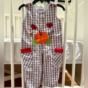 Thanksgiving Fall gingham embroidered appliqué overalls with pumpkins and leaves